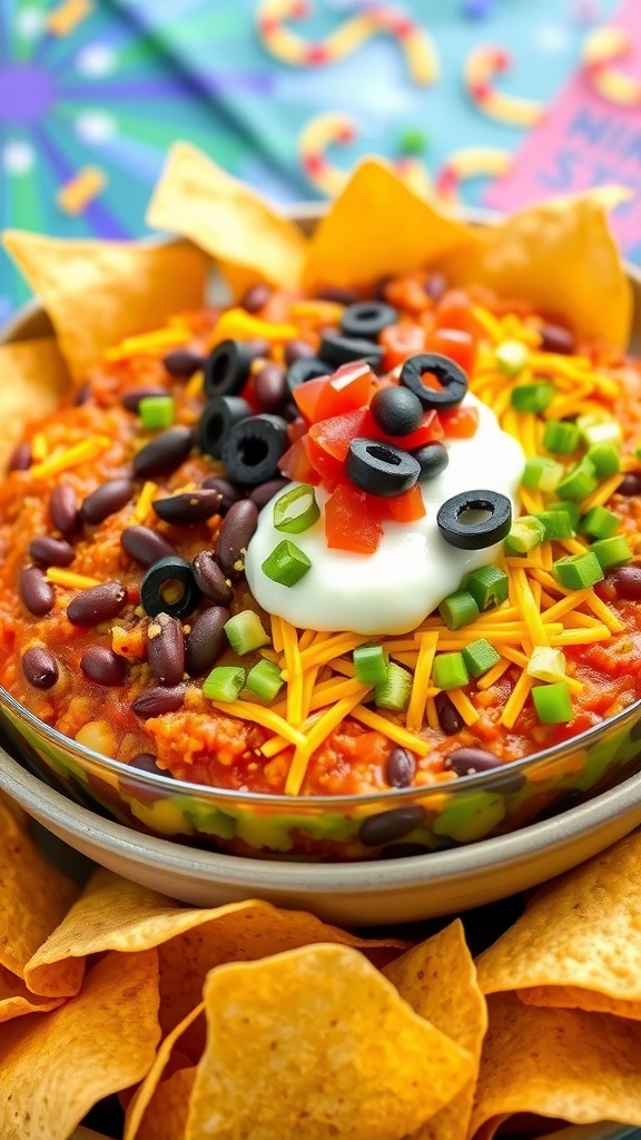 Colorful 7-layer bean dip with tortilla chips on a festive table.